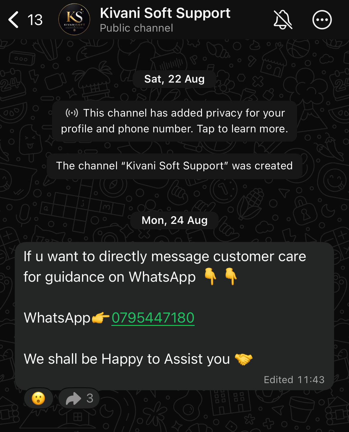 Kivanisoft WhatsApp channel screenshot.