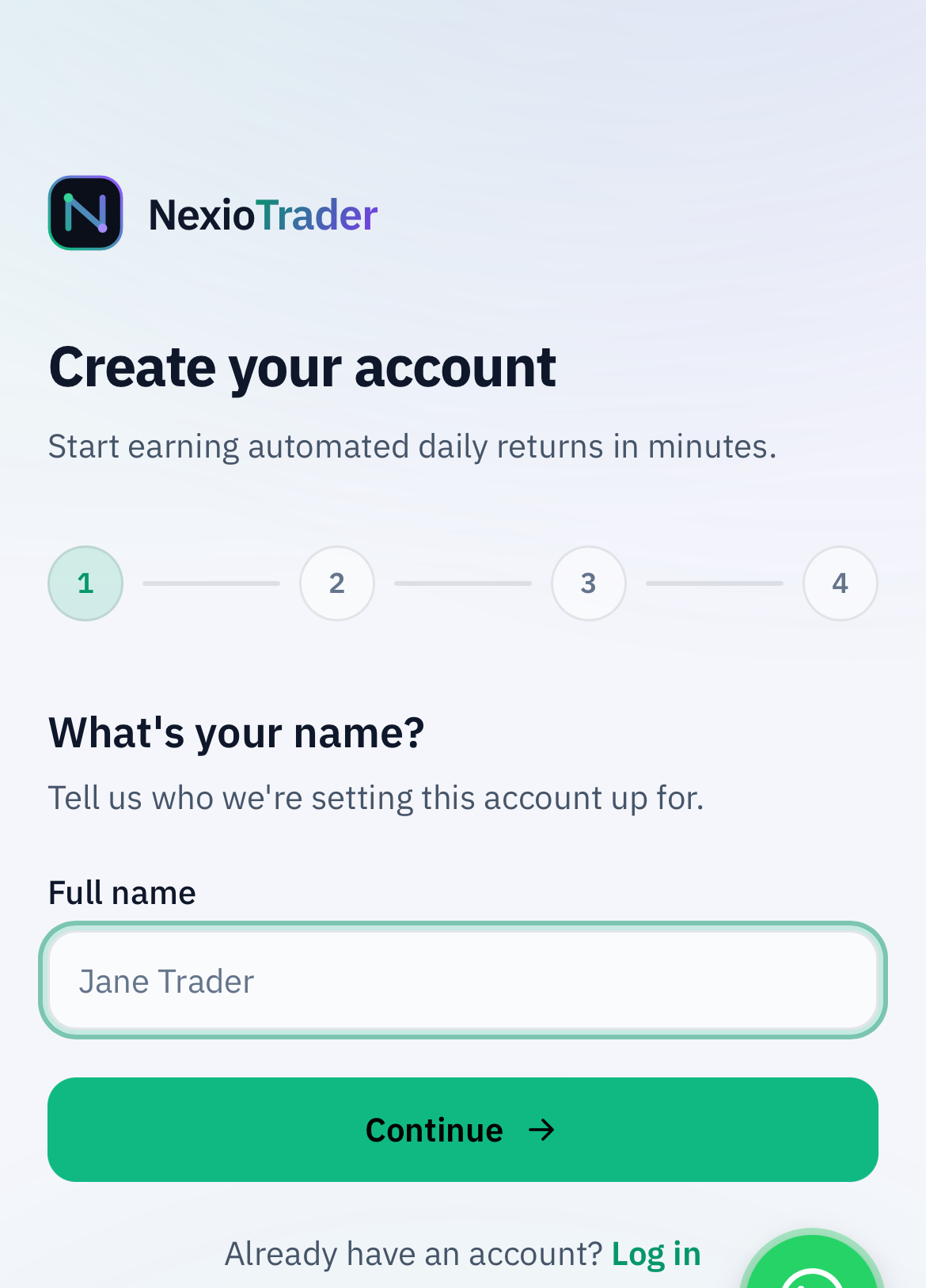 Nexio Trader account creation window.