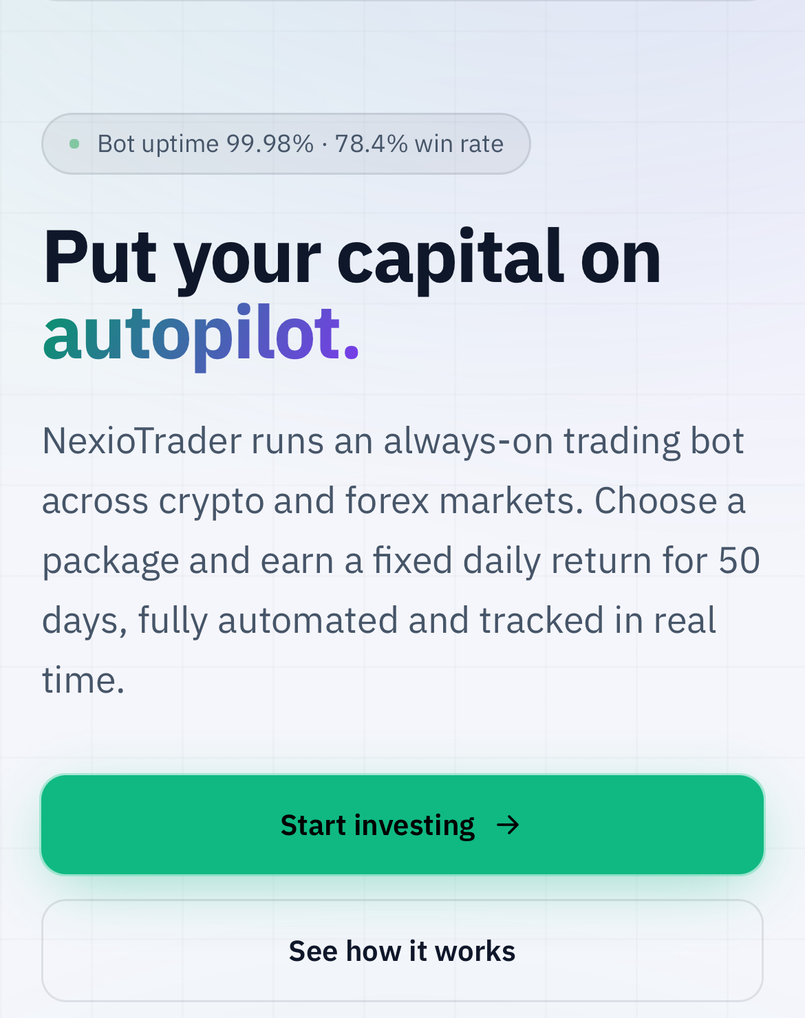 Nexio Trader landing page.