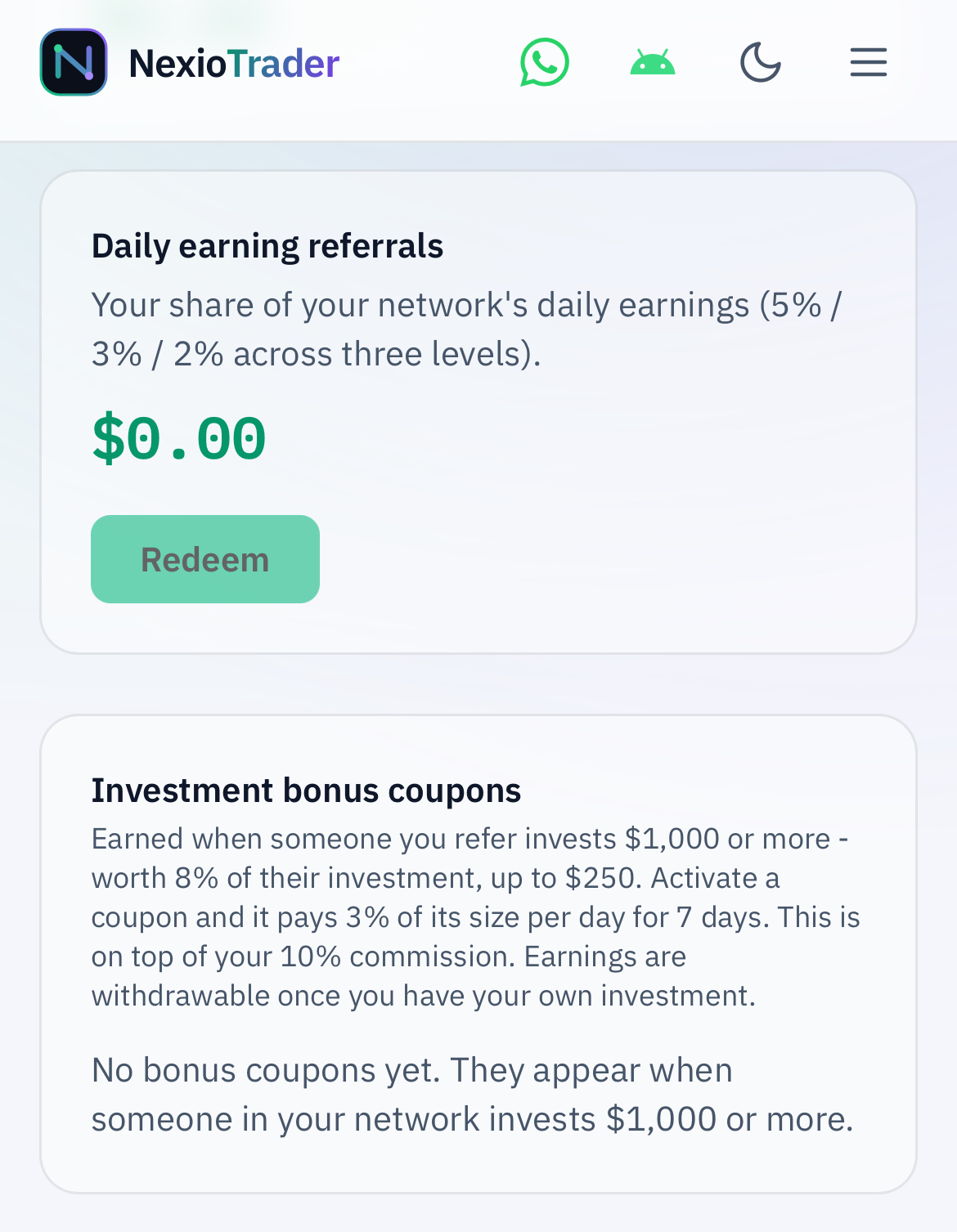 Nexio Trader referral program feature.